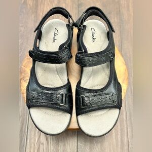 Clarks Women’s Morse Tour Black Leather Slingback Sandals Size 9.5